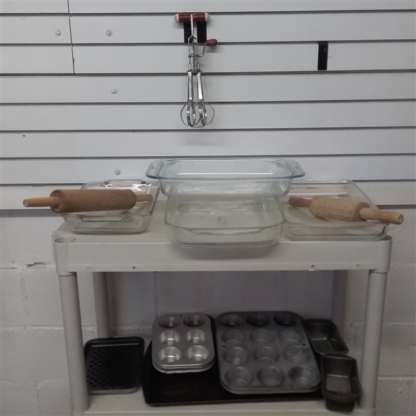 ASSORTED BAKING PANS INCLUDING PYREX, ROLLING PINS & HAND MIXER