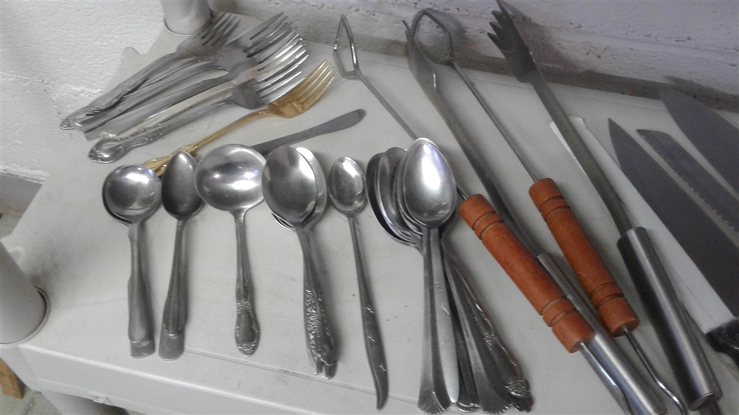 FLATWARE, KNIVES,  TONGS, ELECTRIC CAN OPENER  & OTHER KITCHEN UTENSILS