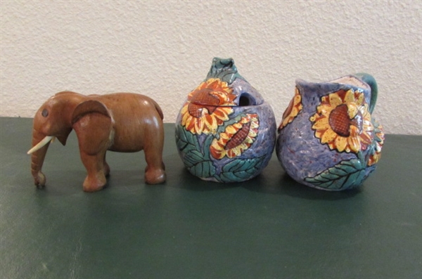 HAND PAINTED CERAMIC SUGAR & CREAMER & CARVED WOODEN ELEPHANT
