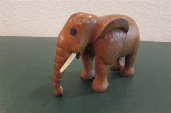 HAND PAINTED CERAMIC SUGAR & CREAMER & CARVED WOODEN ELEPHANT