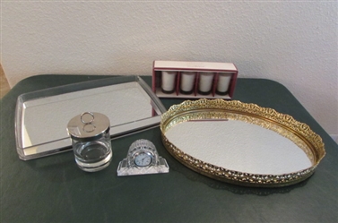 2 MIRRORED DRESSER TRAYS, CRYSTAL CLOCK, CANDLES & TRINKET JAR
