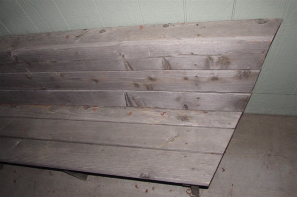 WEATHERED WOODEN BENCH WITH ANGLED END