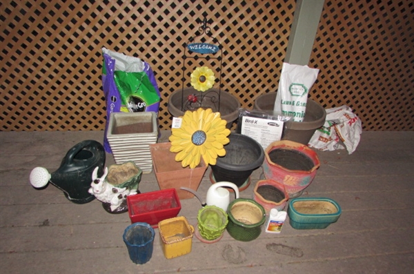 ASSORTMENT OF PLANTERS, GARDEN ART AND MORE