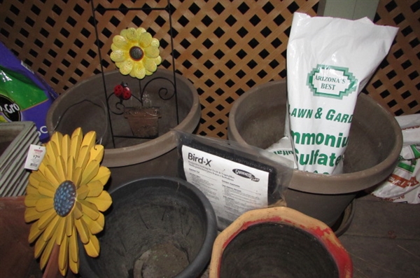 ASSORTMENT OF PLANTERS, GARDEN ART AND MORE