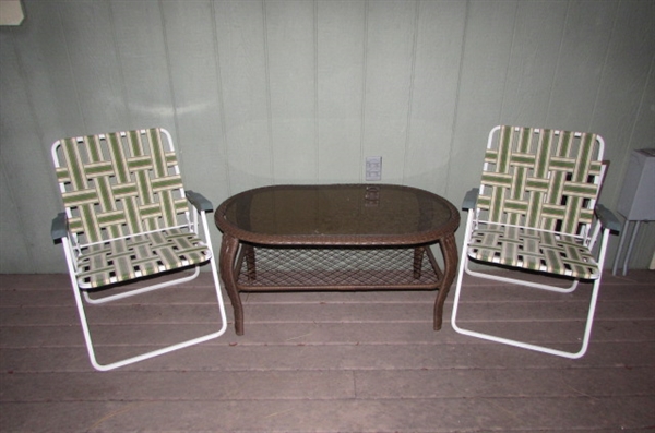 GLASS TOP PATIO SIDE TABLE & 2 FOLDING LAWN CHAIRS