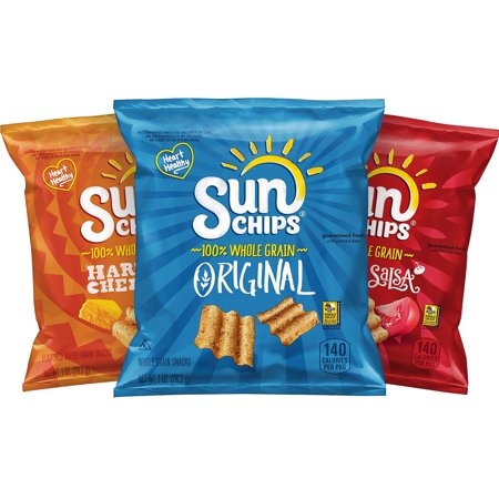 VARIETY PACK SUN CHIPS MULTIGRAIN CHIPS GARDEN SALSA, ORIGINAL, AND HARVEST CHEDDAR 39 CT