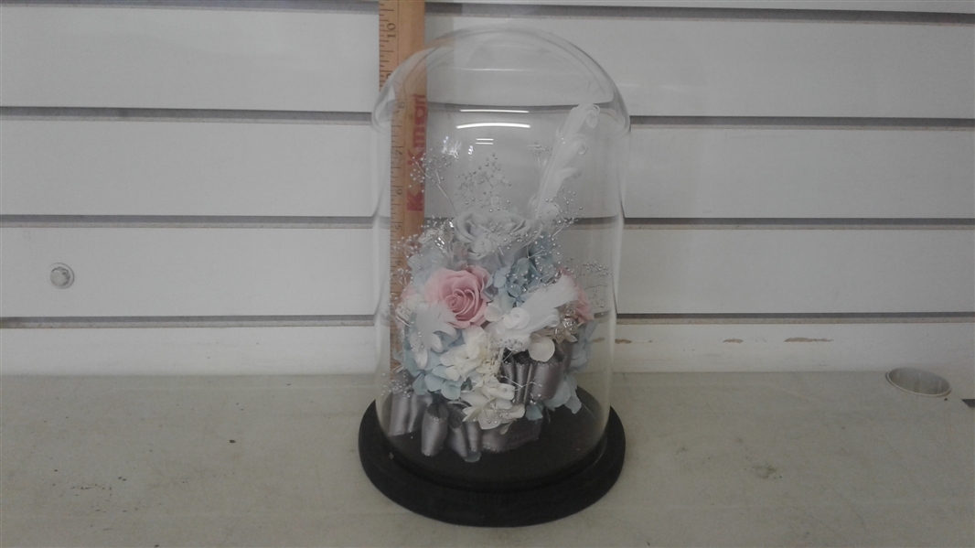 FLORAL CLEAR GLASS BELL DOME WITH WOOD BASE