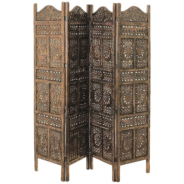 GLOBAL CHIC SUN, MOON, AND STAR 4 PANEL SCREEN ROOM DIVIDER OF HAND CARVED SUSTAINABLE MANGO WOOD