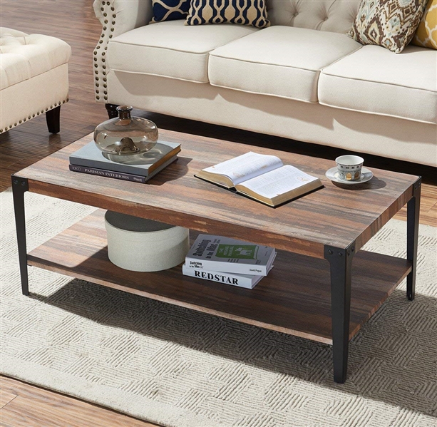 O&K FURNITURE INDUSTRIAL RUSTIC COFFEE TABLE WITH LOWER SHELF