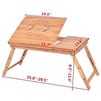 PORTABLE FOLDABLE WOOD LAP TRAY WITH CUTOUT VENTS AND DRAWER