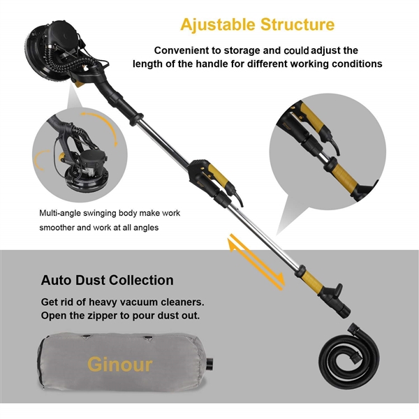 GINOUR 360° DRY WALL SANDER WITH VACUUM ATTACHMENT, VARIABLE SPEED AND LED LIGHT
