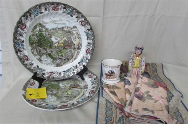 2-13 ENGLISH COUNTRY PLATTERS, TABLERUNNER, CLOTH NAPKINS, ITALIAN PITCHER & COFFEE CUP