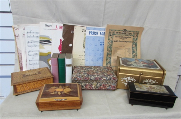 COLLECTION OF MUSICAL JEWELRY BOXES,  BOOKS & VINTAGE SHEET MUSIC