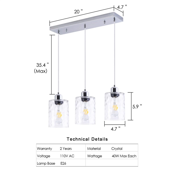 3 LIGHT CLEAR HAMMERED GLASS PENDANT FIXTURE CHROME