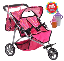 EXQUISITE BUGGY TWIN *DOLL* JOGGER STROLLER WITH DIAPER BAG AND 2 MAGIC BOTTLES