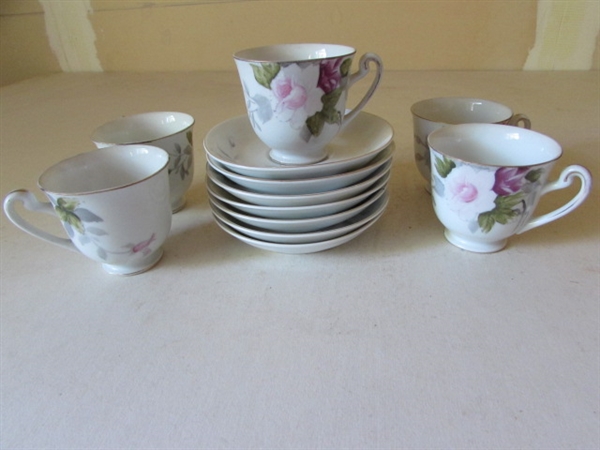 OCCUPIED JAPAN HAND PAINTED TEA CUPS & SAUCERS