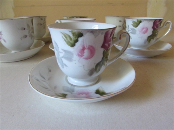 OCCUPIED JAPAN HAND PAINTED TEA CUPS & SAUCERS