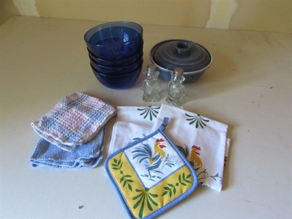 SOUP BOWLS, SMALL CASSEROLE & SALT & PEPPER SHAKERS