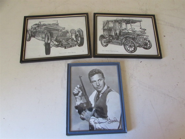 AUTOGRAPHED PHOTO OF UNTOUCHABLES ROBERT STACK & 2 FRAMED OLD TIME CARS