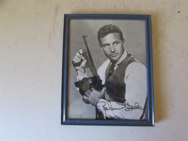 AUTOGRAPHED PHOTO OF UNTOUCHABLES ROBERT STACK & 2 FRAMED OLD TIME CARS