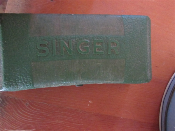 TIN WITH SEWING SUPPLIES, SINGER BUTTONHOLER