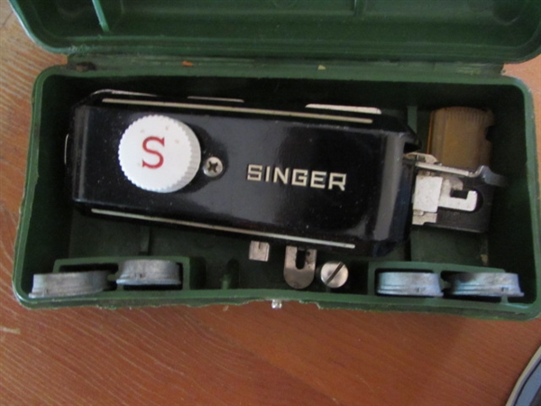 TIN WITH SEWING SUPPLIES, SINGER BUTTONHOLER