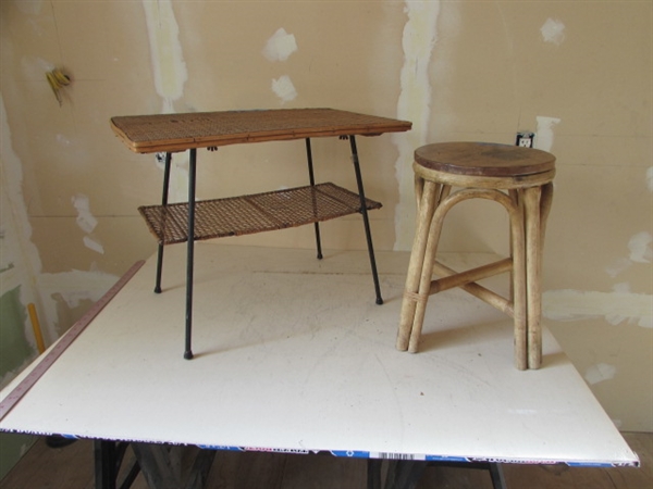 WOVEN RATTAN TABLE AND BAMBOO & WOOD STOOL