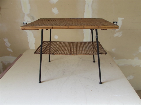 WOVEN RATTAN TABLE AND BAMBOO & WOOD STOOL