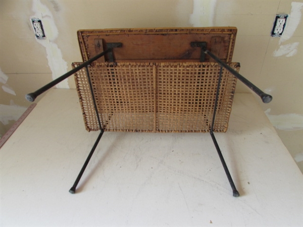 WOVEN RATTAN TABLE AND BAMBOO & WOOD STOOL