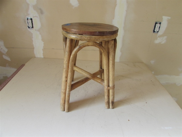 WOVEN RATTAN TABLE AND BAMBOO & WOOD STOOL