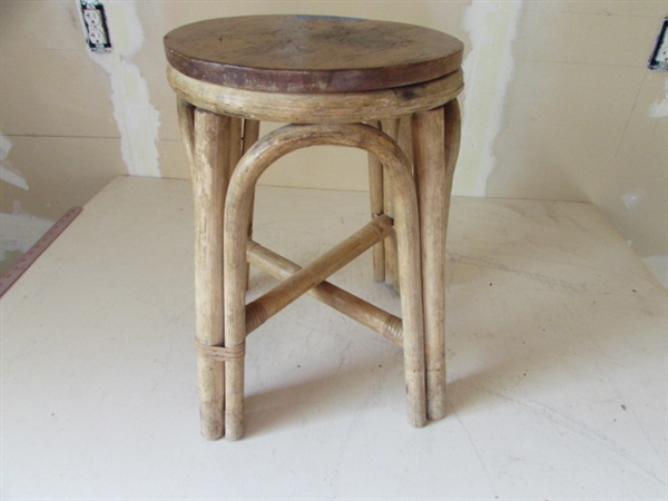 WOVEN RATTAN TABLE AND BAMBOO & WOOD STOOL