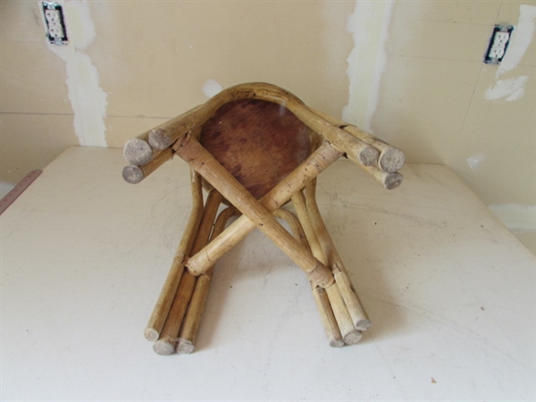 WOVEN RATTAN TABLE AND BAMBOO & WOOD STOOL