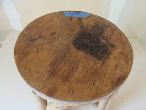 WOVEN RATTAN TABLE AND BAMBOO & WOOD STOOL