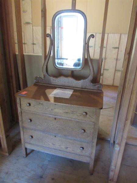 ANTIQUE WOOD DRESSER WITH BEVELED EDGE MIRROR