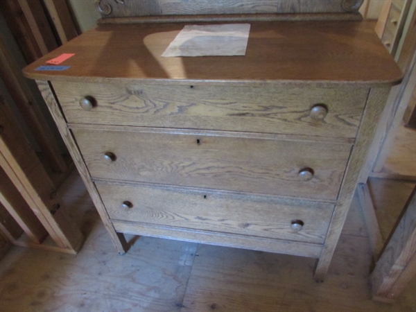 ANTIQUE WOOD DRESSER WITH BEVELED EDGE MIRROR