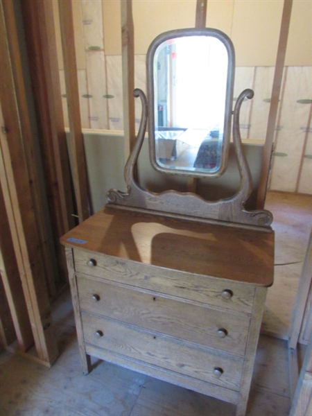 ANTIQUE WOOD DRESSER WITH BEVELED EDGE MIRROR