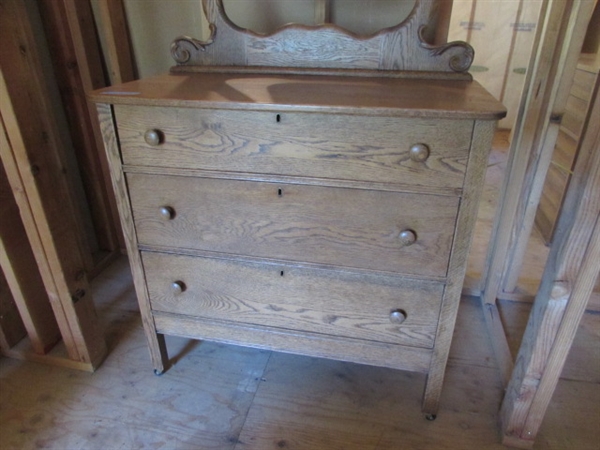 ANTIQUE WOOD DRESSER WITH BEVELED EDGE MIRROR