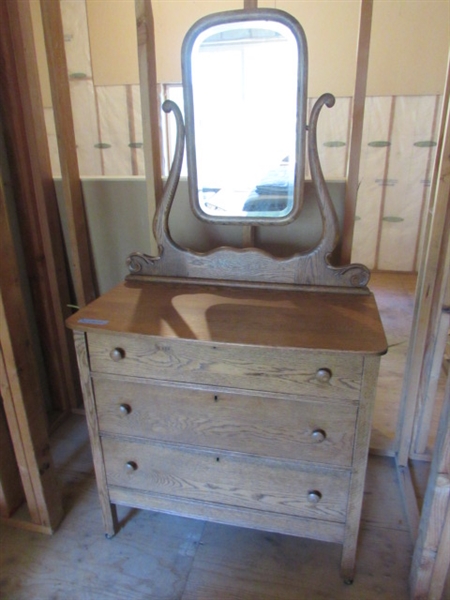 ANTIQUE WOOD DRESSER WITH BEVELED EDGE MIRROR