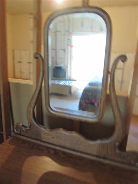 ANTIQUE WOOD DRESSER WITH BEVELED EDGE MIRROR