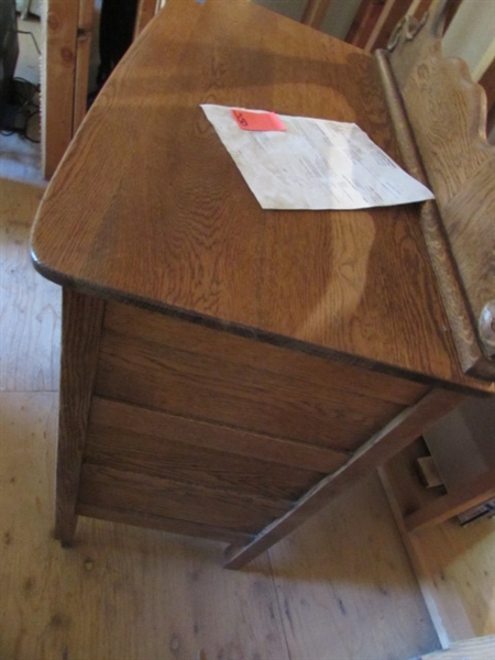 ANTIQUE WOOD DRESSER WITH BEVELED EDGE MIRROR