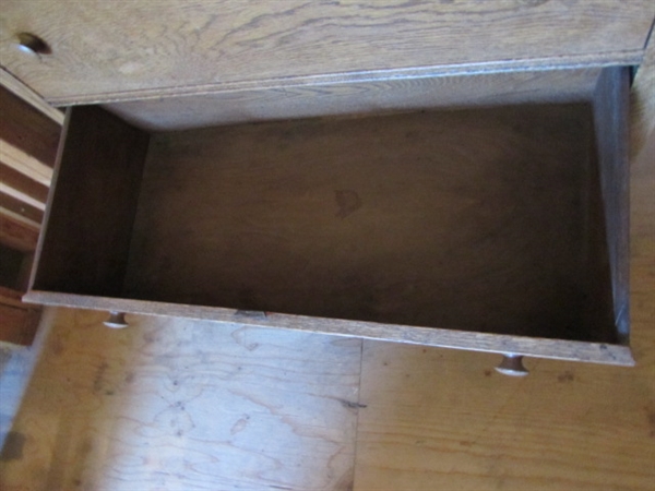 ANTIQUE WOOD DRESSER WITH BEVELED EDGE MIRROR