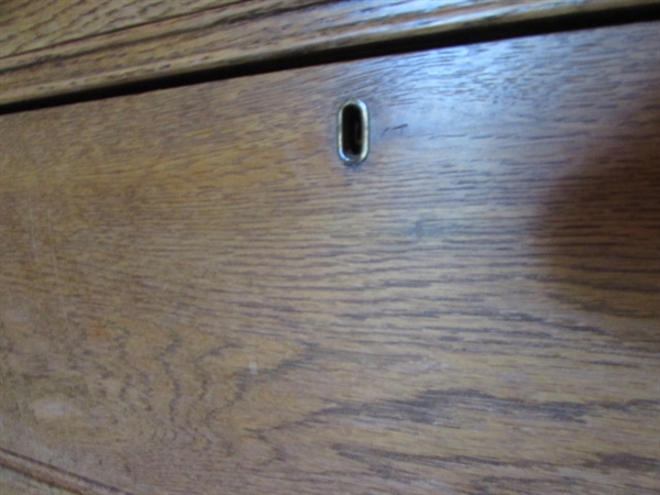 ANTIQUE WOOD DRESSER WITH BEVELED EDGE MIRROR