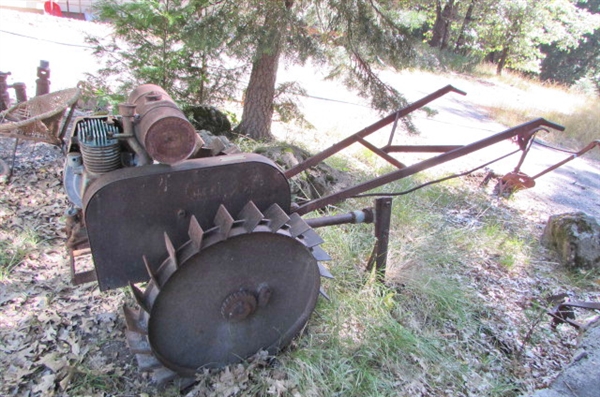 ANTIQUE GAS POWERED WALK BEHIND PLOW? YARD ART