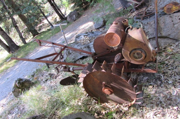 ANTIQUE GAS POWERED WALK BEHIND PLOW? YARD ART