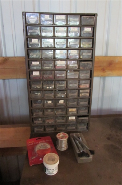 60-DRAWER HARDWARE BIN, SOLDERING SUPPLIES