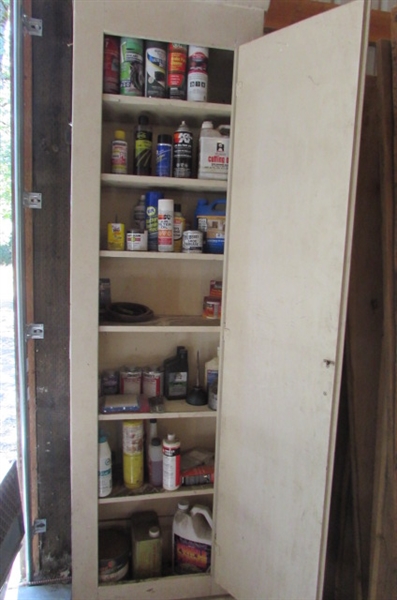 VINTAGE WOOD CUPBOARD & CONTENTS