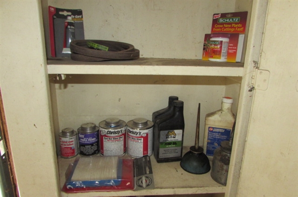 VINTAGE WOOD CUPBOARD & CONTENTS