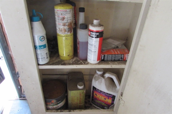 VINTAGE WOOD CUPBOARD & CONTENTS