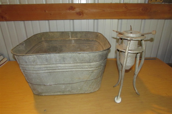 SQUARE GALVANIZED BUCKET & VINTAGE CHRISTMAS TREE STAND