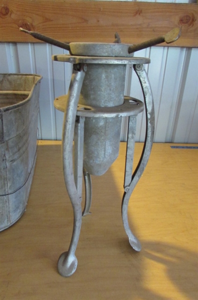 SQUARE GALVANIZED BUCKET & VINTAGE CHRISTMAS TREE STAND